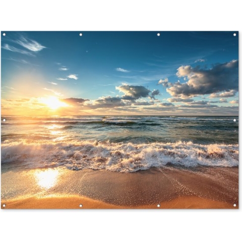 Tuin poster - Tuin decoratie - Zonsondergang - Zee - Strand - Zon - Tuinversiering - Terras - Tuindecoratie wanddecoratie - Muurdecoratie buiten - 160x120 cm - Buitenschilderijen voor in de tuin - Decoratie tuin om op te hangen