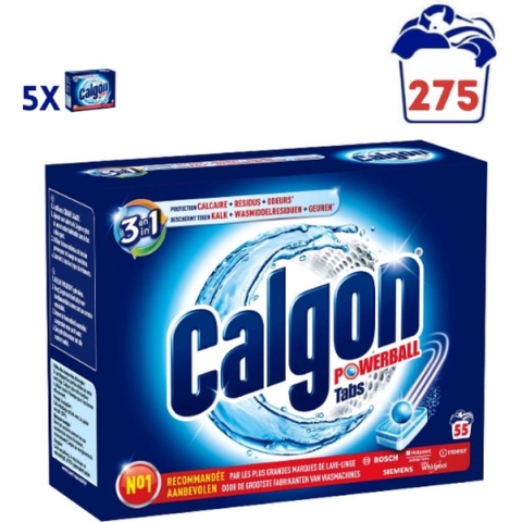 Calgon 3 in 1 Powerball Tabs Wasmachine Reiniger en Anti kalk - 55 Tabletten x5