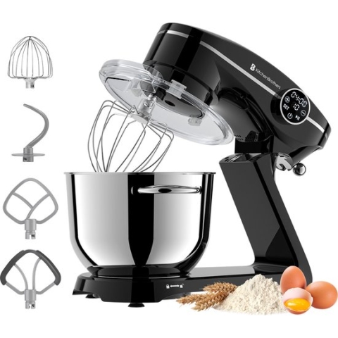 KitchenBrothers Keukenmachine - Touch Display en Timer - Keukenrobot - 6L - 1800W - Aluminium - Zwart