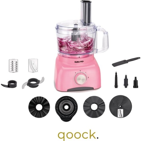 Qoock - Food Processor - Retro Line - Pink - 13 Delig - 800w - Met accessoires