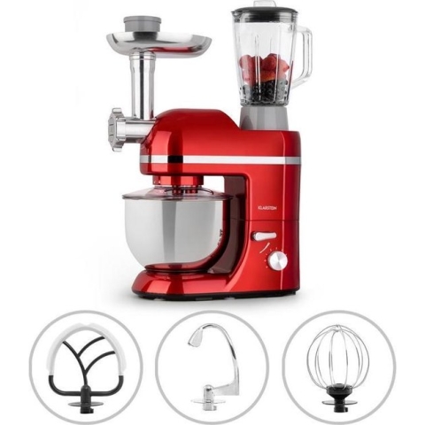 Klarstein Lucia Elegance Multifunctionele Keukenmachine - Mixer & Vleesmolen - 2000 W - 6 Vermogensstanden - Pulsefunctie - 5 Liter RVS Kom - 1,5 Liter Glazen Mixerkan - Kneedhaak, Deeghaak, Garde, Worst-, Vlees- En Pastahulpstukken - Rood