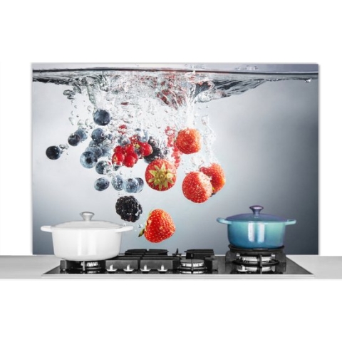 Spatscherm Keuken - Kookplaat Achterwand - Spatwand Fornuis - 120x80 cm - Rood - Fruit - Water - Aluminium - Wanddecoratie - Muurbeschermer - Hittebestendig