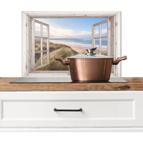 Spatscherm Keuken - Kookplaat Achterwand - Spatwand Fornuis - 70x50 cm - Doorkijk - Strand - Zee - Duinen - Helmgras - Zand - Blauw - Aluminium - Wanddecoratie - Muurbeschermer - Hittebestendig