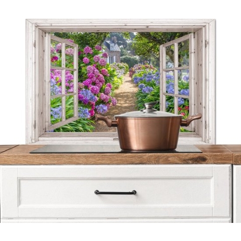 Spatscherm Keuken - Kookplaat Achterwand - Spatwand Fornuis - 100x65 cm - Hortensia - Doorkijk - Bloemen - Zomer - Paars - Pad - Aluminium - Wanddecoratie - Muurbeschermer - Hittebestendig