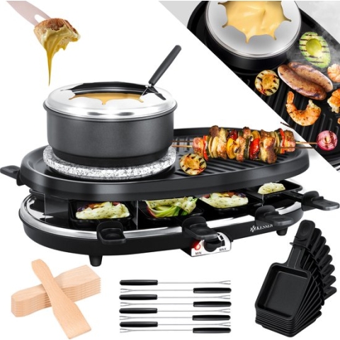 KESSER® Gourmetstel 3in1 Raclette Grill met natuurlijke grillplaat en fondue, Gourmetset tafelgrill voor 8 personen, elektrische Grill anti-aanbak bakplaat, 8 pannetjes en houten spatel - incl.Fondue