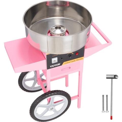 VEVOR Elektrische Suikerspinmaker met Kar-1000W-Suikerspinmachine-met Roestvrijstalen Kom, Suikerschep en Lade-Roze