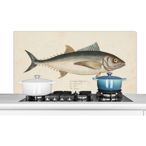 Spatscherm Keuken - Kookplaat Achterwand - Spatwand Fornuis - 120x60 cm - Een vintage illustratie van een vis - Aluminium - Wanddecoratie - Muurbeschermer - Hittebestendig