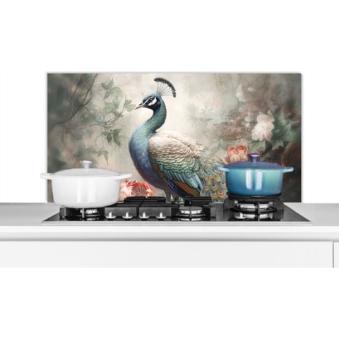 Spatscherm Keuken - Kookplaat Achterwand - Spatwand Fornuis - 100x50 cm - Pauw - Pauwenveren - Vogel - Jungle - Bloemen - Aluminium - Wanddecoratie - Muurbeschermer - Hittebestendig