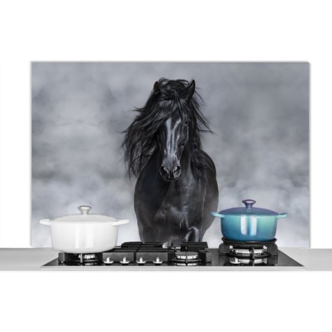 Spatscherm Keuken - Kookplaat Achterwand - Spatwand Fornuis - 120x80 cm - Paard - Zwart - Rook - Aluminium - Wanddecoratie - Muurbeschermer - Hittebestendig