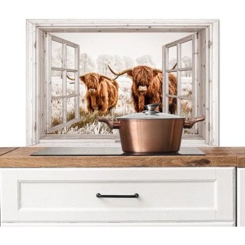 Spatscherm Keuken - Kookplaat Achterwand - Spatwand Fornuis - 90x60 cm - Doorkijk - Schotse hooglander - Dieren - Aluminium - Wanddecoratie - Muurbeschermer - Hittebestendig - Alternatief voor glazen spatscherm