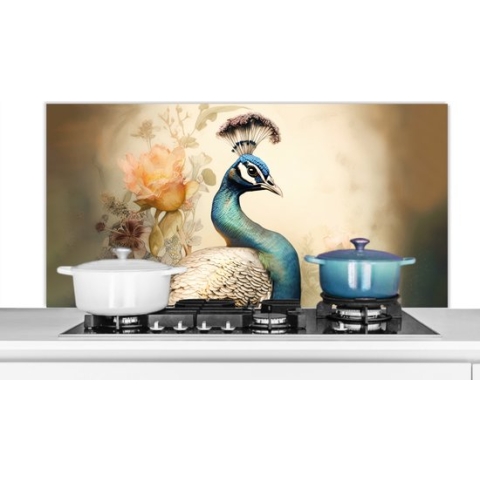 Spatscherm Keuken - Kookplaat Achterwand - Spatwand Fornuis - 120x60 cm - Pauw - Pauwenveren - Bloemen - Vogels - Botanisch - Aluminium - Wanddecoratie - Muurbeschermer - Hittebestendig