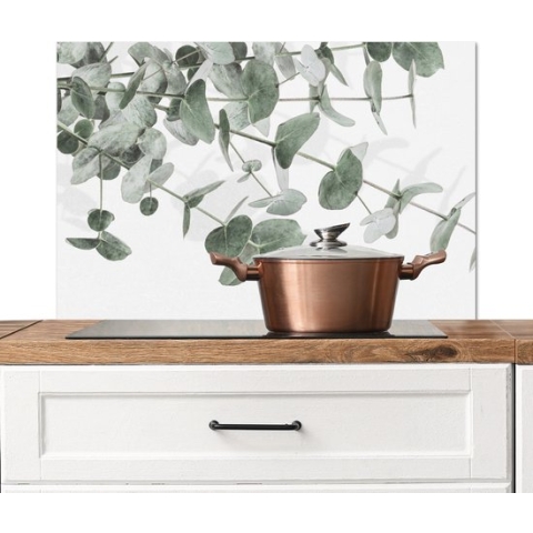 Spatscherm Keuken - Kookplaat Achterwand - Spatwand Fornuis - 80x55 cm - Eucalyptus - Bladeren - Natuur - Groen - Aluminium - Wanddecoratie - Muurbeschermer - Hittebestendig