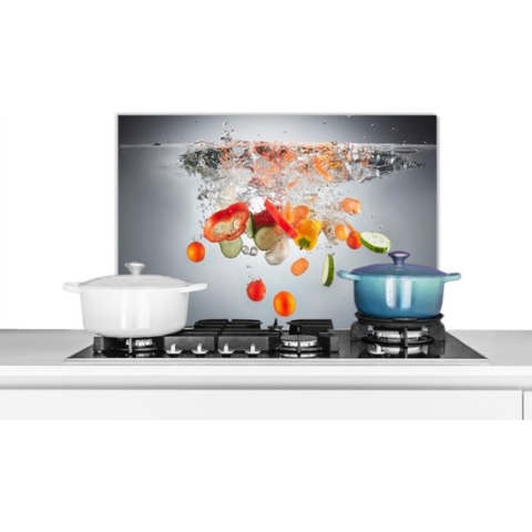 Spatscherm Keuken - Kookplaat Achterwand - Spatwand Fornuis - 70x50 cm - Groenten - Water - Komkommer - Aluminium - Wanddecoratie - Muurbeschermer - Hittebestendig