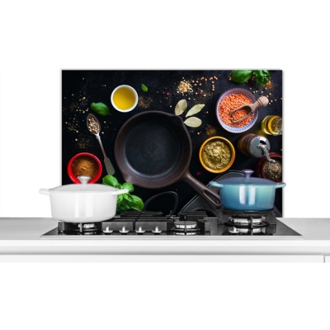 Spatscherm Keuken - Kookplaat Achterwand - Spatwand Fornuis - 90x60 cm - Kruiden - Groente - Pan - Aluminium - Wanddecoratie - Muurbeschermer - Hittebestendig