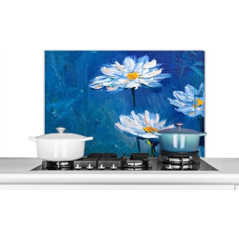 Spatscherm Keuken - Kookplaat Achterwand - Spatwand Fornuis - 90x60 cm - Schilderij - Olieverf - Bloemen - Blauw - Aluminium - Wanddecoratie - Muurbeschermer - Hittebestendig
