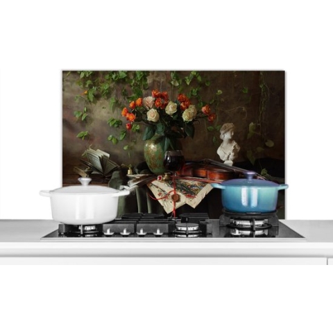 Spatscherm Keuken - Kookplaat Achterwand - Spatwand Fornuis - 90x60 cm - Bloemen - Viool - Stilleven - Aluminium - Wanddecoratie - Muurbeschermer - Hittebestendig