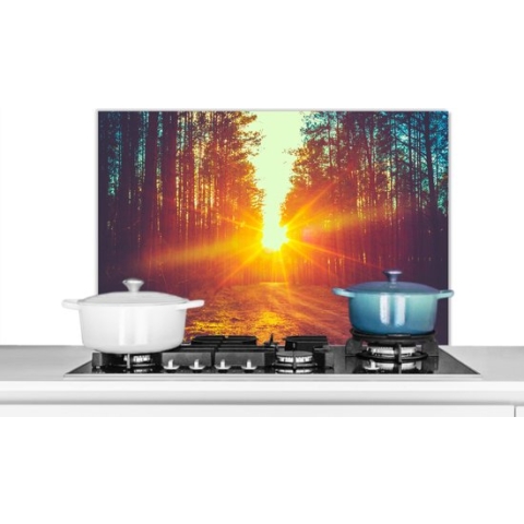 Spatscherm Keuken - Kookplaat Achterwand - Spatwand Fornuis - 90x60 cm - Zonsondergang - Bomen - Bos - Natuur - Aluminium - Wanddecoratie - Muurbeschermer - Hittebestendig