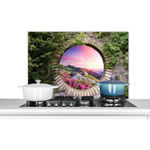 Spatscherm Keuken - Kookplaat Achterwand - Spatwand Fornuis - 90x60 cm - Landschap - Bloemen - Doorkijk - Berg - Aluminium - Wanddecoratie - Muurbeschermer - Hittebestendig
