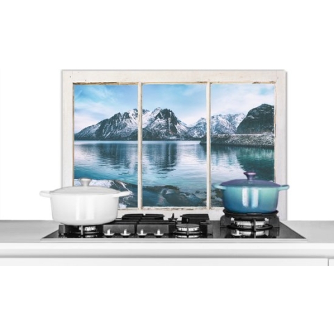 Spatscherm Keuken - Kookplaat Achterwand - Spatwand Fornuis - 90x60 cm - Doorkijk - Bergen - Winter - Aluminium - Wanddecoratie - Muurbeschermer - Hittebestendig