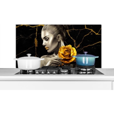 Spatscherm Keuken - Kookplaat Achterwand - Spatwand Fornuis - 100x50 cm - Vrouwen - Rozen - Goud - Marmer - Aluminium - Wanddecoratie - Muurbeschermer - Hittebestendig