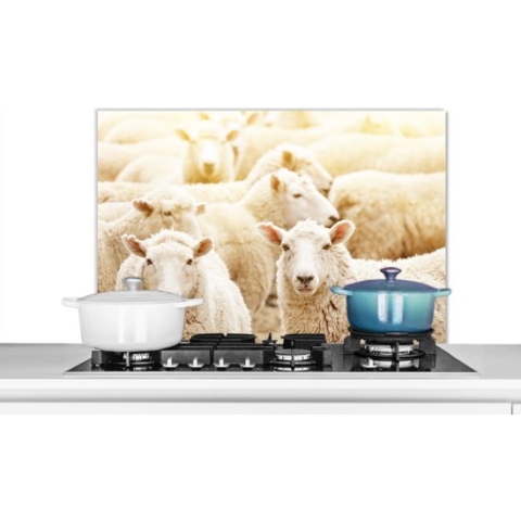 Spatscherm Keuken - Kookplaat Achterwand - Spatwand Fornuis - 90x60 cm - Schapen - Wol - Wit - Aluminium - Wanddecoratie - Muurbeschermer - Hittebestendig
