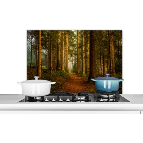 Spatscherm Keuken - Kookplaat Achterwand - Spatwand Fornuis - 90x60 cm - Bos - Natuur - Bomen - Landschap - Bladeren - Aluminium - Wanddecoratie - Muurbeschermer - Hittebestendig