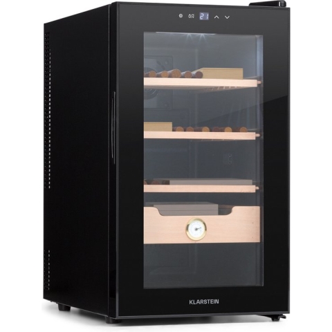 Klarstein El Presidente 48 Sigaarhumidor - Thermo-Elektrisch - Glazen Deur - Vrijstaand - 3 Schappen Met Cederhouten Laden - 48 Liter - Hygrometer - Blauwe LED-Binnenverlichting - Zwart