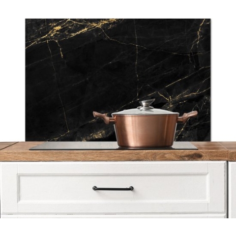 Spatscherm Keuken - Kookplaat Achterwand - Spatwand Fornuis - 90x60 cm - Marmer look - Luxe - Zwart - Goud - Aluminium - Wanddecoratie - Muurbeschermer - Hittebestendig