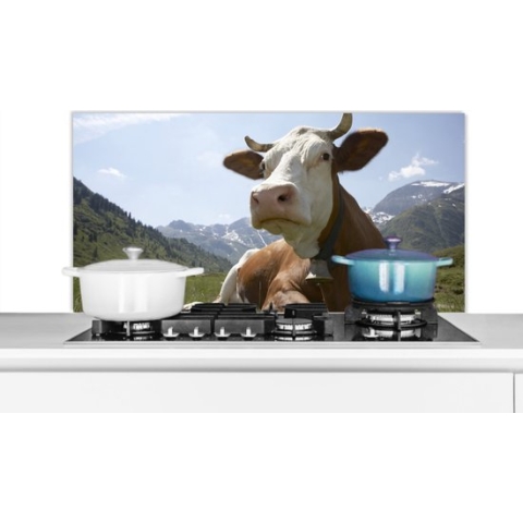 Spatscherm Keuken - Kookplaat Achterwand - Spatwand Fornuis - 100x50 cm - Koe - Berg - Gras - Aluminium - Wanddecoratie - Muurbeschermer - Hittebestendig