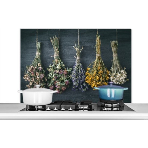 Spatscherm Keuken - Kookplaat Achterwand - Spatwand Fornuis - 100x65 cm - Droogbloemen - Bloemen - Boeket - Stilleven - Touw - Bundel - Aluminium - Wanddecoratie - Muurbeschermer - Hittebestendig