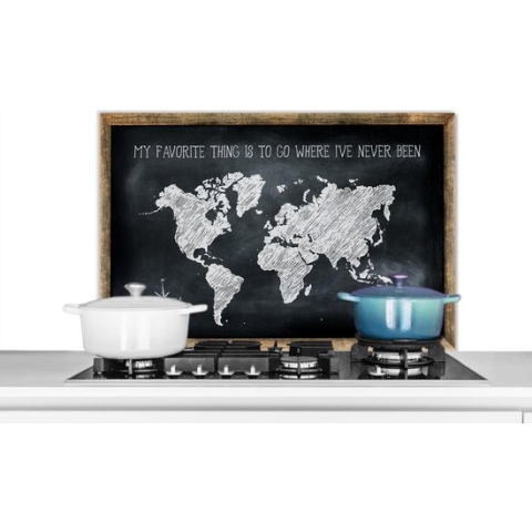 Spatscherm Keuken - Kookplaat Achterwand - Spatwand Fornuis - 80x55 cm - Wereldkaart - Quote - Krijtbord - Aluminium - Wanddecoratie - Muurbeschermer - Hittebestendig