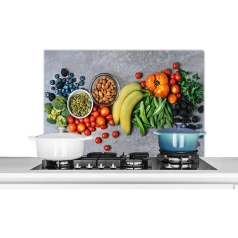 Spatscherm Keuken - Kookplaat Achterwand - Spatwand Fornuis - 90x60 cm - Groente - Fruit - Grijs - Aluminium - Wanddecoratie - Muurbeschermer - Hittebestendig