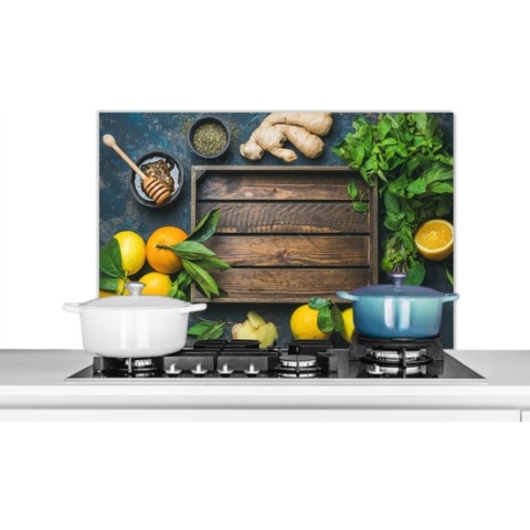 Spatscherm Keuken - Kookplaat Achterwand - Spatwand Fornuis - 90x60 cm - Fruitkist - Citroen - Fruit - Aluminium - Wanddecoratie - Muurbeschermer - Hittebestendig
