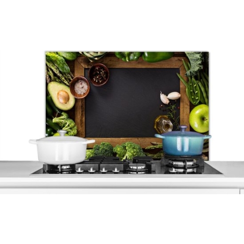Spatscherm Keuken - Kookplaat Achterwand - Spatwand Fornuis - 90x60 cm - Fruit - Krijtbord - Groente - Aluminium - Wanddecoratie - Muurbeschermer - Hittebestendig