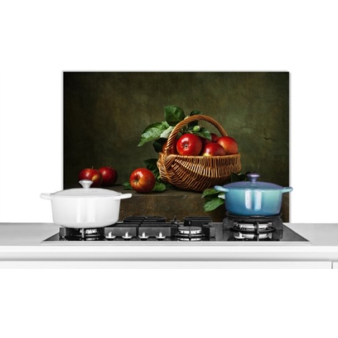 Spatscherm Keuken - Kookplaat Achterwand - Spatwand Fornuis - 90x60 cm - Rustiek - Appel - Fruit - Rood - Mand - Stilleven - Aluminium - Wanddecoratie - Muurbeschermer - Hittebestendig