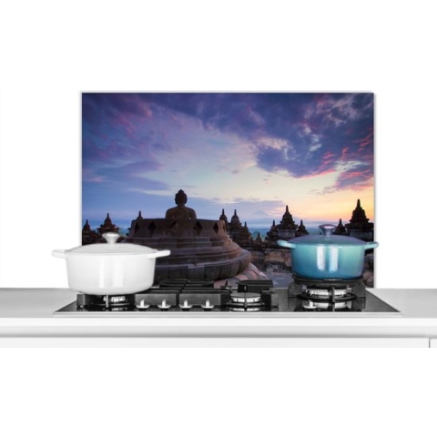 Spatscherm Keuken - Kookplaat Achterwand - Spatwand Fornuis - 90x60 cm - Borobudur bij zonsopkomst - Aluminium - Wanddecoratie - Muurbeschermer - Hittebestendig