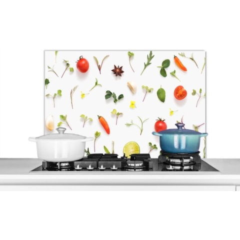 Spatscherm Keuken - Kookplaat Achterwand - Spatwand Fornuis - 90x60 cm - Flat lay fruit, groente, specerijen en kruiden - Aluminium - Wanddecoratie - Muurbeschermer - Hittebestendig