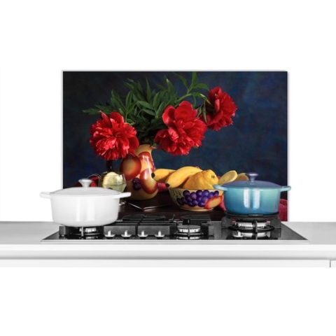 Spatscherm Keuken - Kookplaat Achterwand - Spatwand Fornuis - 90x60 cm - Een stilleven met rode pioenrozen - Aluminium - Wanddecoratie - Muurbeschermer - Hittebestendig