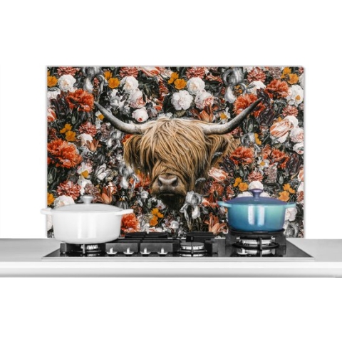 Spatscherm Keuken - Kookplaat Achterwand - Spatwand Fornuis - 100x65 cm - Schotse hooglander - Bloemen - Zwart - Wit - Aluminium - Wanddecoratie - Muurbeschermer - Hittebestendig