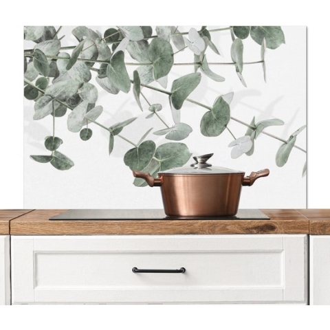 Spatscherm Keuken - Kookplaat Achterwand - Spatwand Fornuis - 100x65 cm - Eucalyptus - Bladeren - Natuur - Groen - Aluminium - Wanddecoratie - Muurbeschermer - Hittebestendig