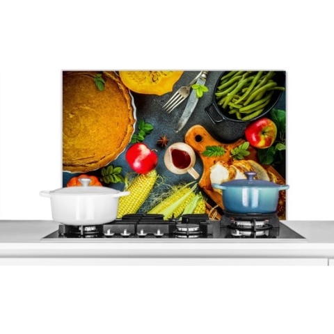 Spatscherm Keuken - Kookplaat Achterwand - Spatwand Fornuis - 90x60 cm - Groente - Kruiden - Bestek - Taart - Aluminium - Wanddecoratie - Muurbeschermer - Hittebestendig