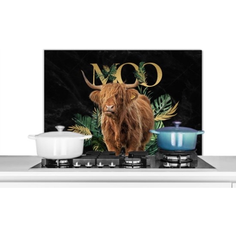Spatscherm Keuken - Kookplaat Achterwand - Spatwand Fornuis - 80x55 cm - Schotse hooglander - Monstera - Goud - Aluminium - Wanddecoratie - Muurbeschermer - Hittebestendig