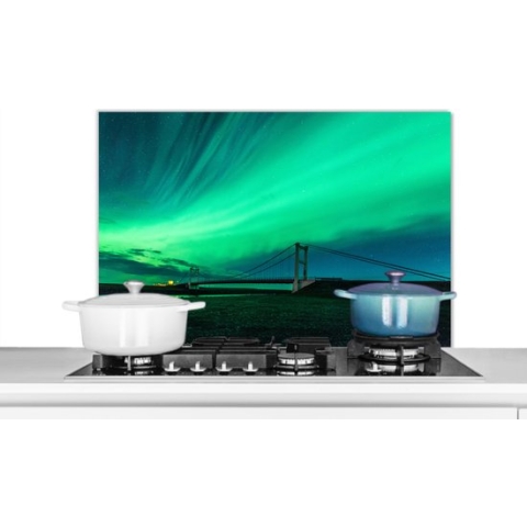 Spatscherm Keuken - Kookplaat Achterwand - Spatwand Fornuis - 90x60 cm - Noorderlicht - Brug - IJsland - Aluminium - Wanddecoratie - Muurbeschermer - Hittebestendig