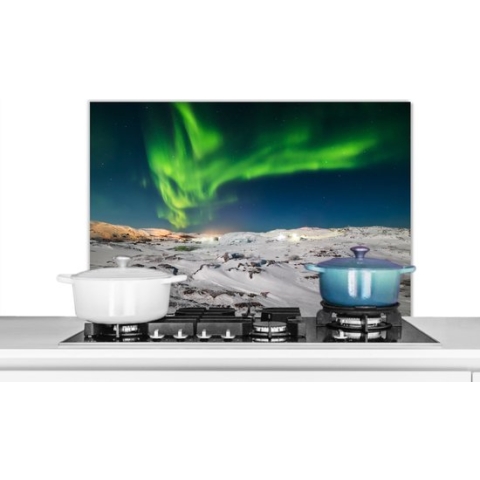 Spatscherm Keuken - Kookplaat Achterwand - Spatwand Fornuis - 90x60 cm - Noorderlicht - Berg - Sneeuw - Aluminium - Wanddecoratie - Muurbeschermer - Hittebestendig