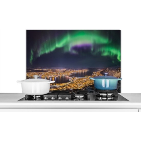 Spatscherm Keuken - Kookplaat Achterwand - Spatwand Fornuis - 90x60 cm - Noorderlicht - Groen - Paars - Noorwegen - Aluminium - Wanddecoratie - Muurbeschermer - Hittebestendig