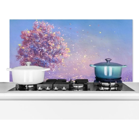 Spatscherm Keuken - Kookplaat Achterwand - Spatwand Fornuis - 100x50 cm - Boom - Zomer - Roze - Aluminium - Wanddecoratie - Muurbeschermer - Hittebestendig