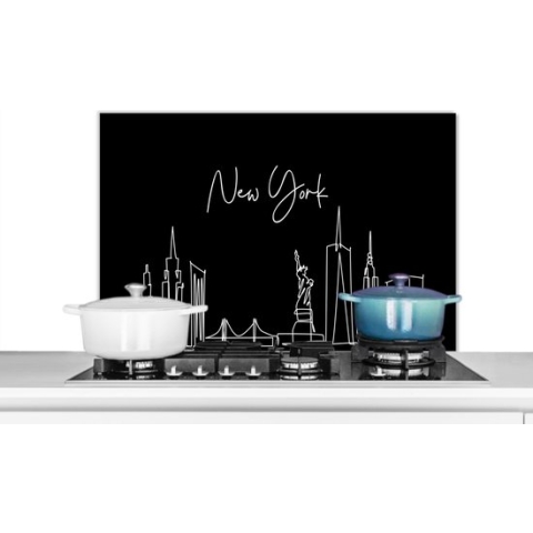 Spatscherm Keuken - Kookplaat Achterwand - Spatwand Fornuis - 90x60 cm - Skyline - New York - Amerika - Stad - Line art - Aluminium - Wanddecoratie - Muurbeschermer - Hittebestendig