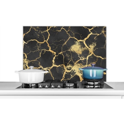 Spatscherm Keuken - Kookplaat Achterwand - Spatwand Fornuis - 90x60 cm - Marmer - Goud - Zwart - Aluminium - Wanddecoratie - Muurbeschermer - Hittebestendig