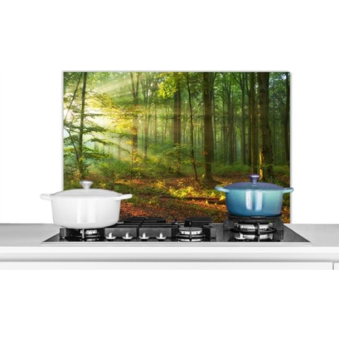 Spatscherm Keuken - Kookplaat Achterwand - Spatwand Fornuis - 90x60 cm - Zon - Bos - Bomen - Natuur - Herfst - Aluminium - Wanddecoratie - Muurbeschermer - Hittebestendig