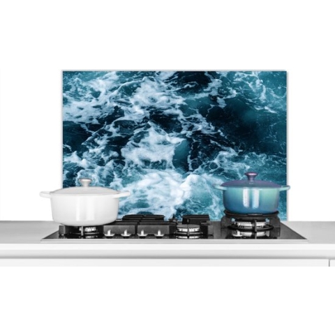 Spatscherm Keuken - Kookplaat Achterwand - Spatwand Fornuis - 90x60 cm - Water - Blauw - Golf - Aluminium - Wanddecoratie - Muurbeschermer - Hittebestendig